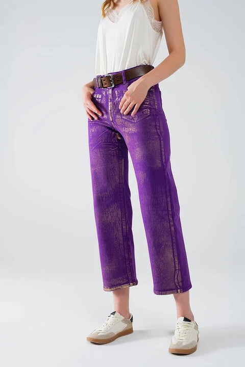 Purple Wide Leg Jeans with Metallic Finish in Gold