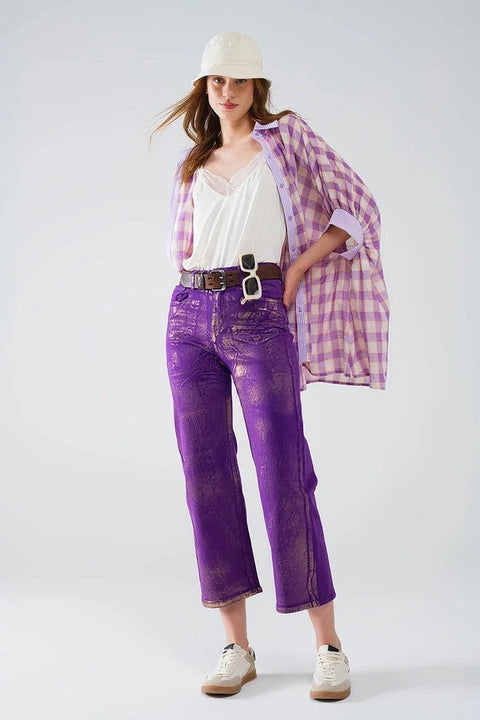 Purple Wide Leg Jeans with Metallic Finish in Gold