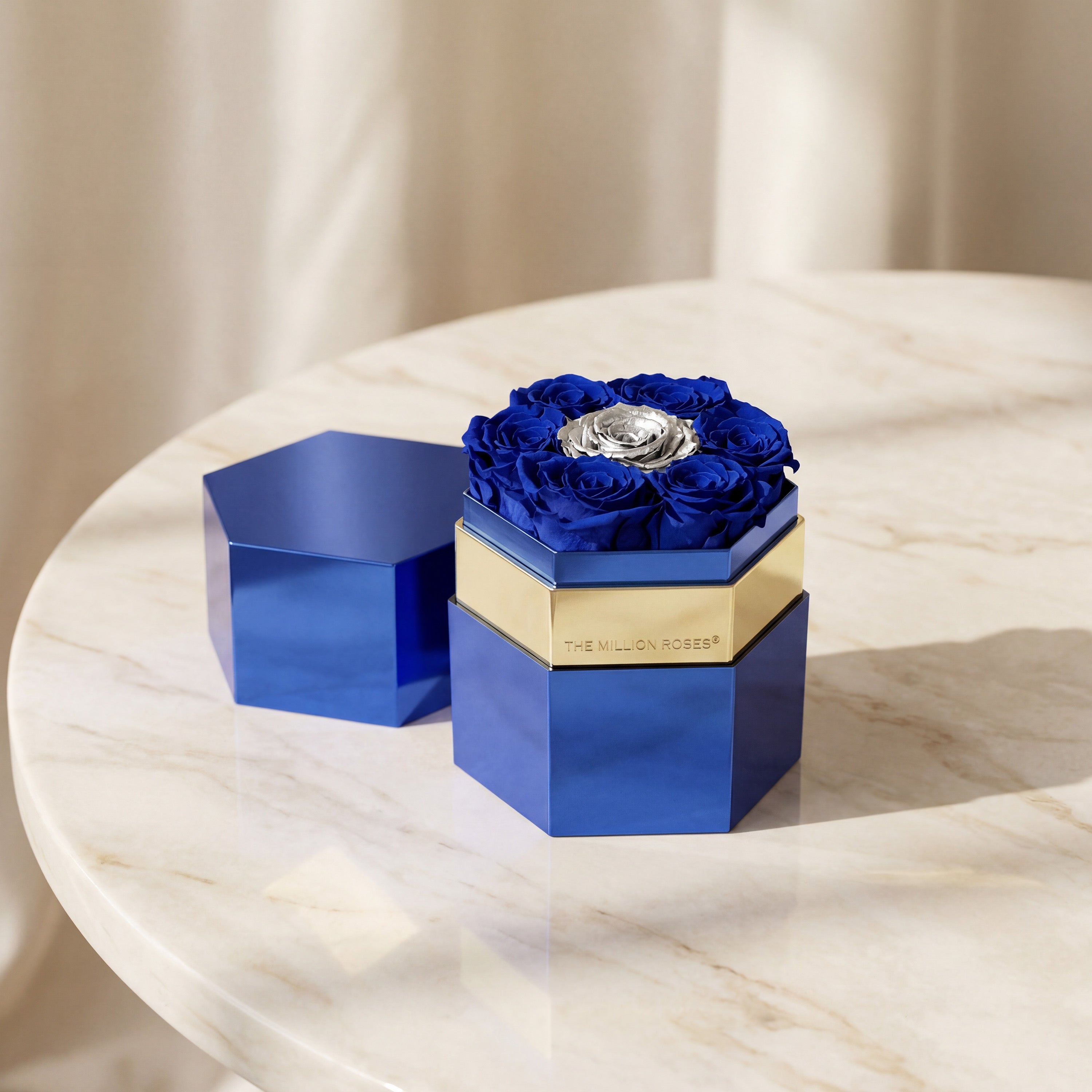 One in a Million™ Mirror Blue Hexagon Box | Dark Blue & Silver Roses
