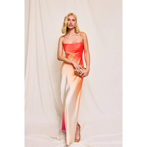 Radiance Ombre Strapless Bias Cut Maxi Dress in Hibiscus Cosmo