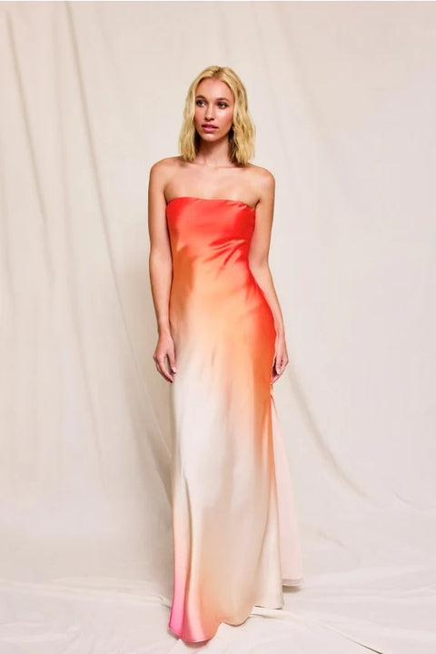 Radiance Ombre Strapless Bias Cut Maxi Dress in Hibiscus Cosmo
