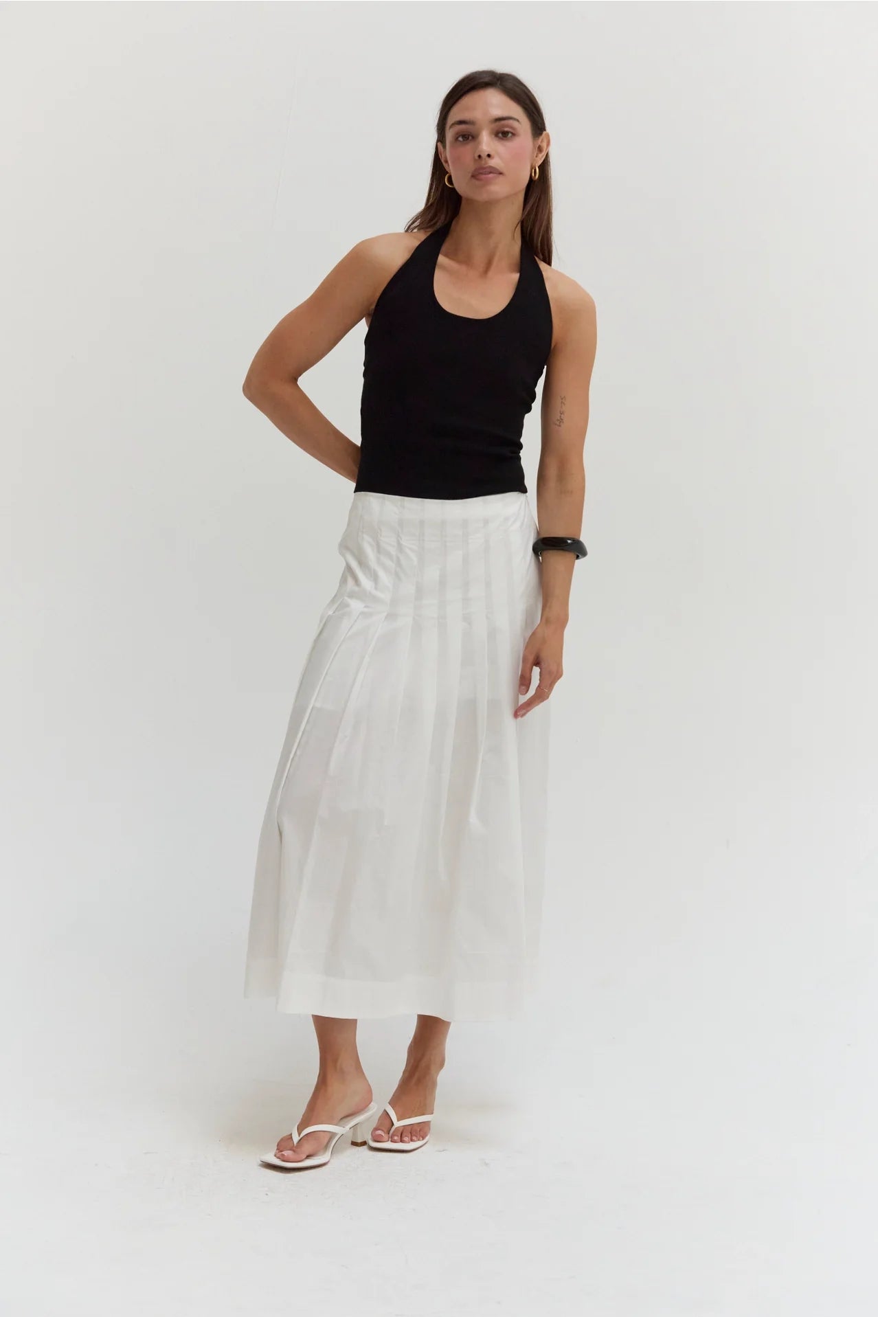 Remi Poplin Box Pleated Midi Skirt - White