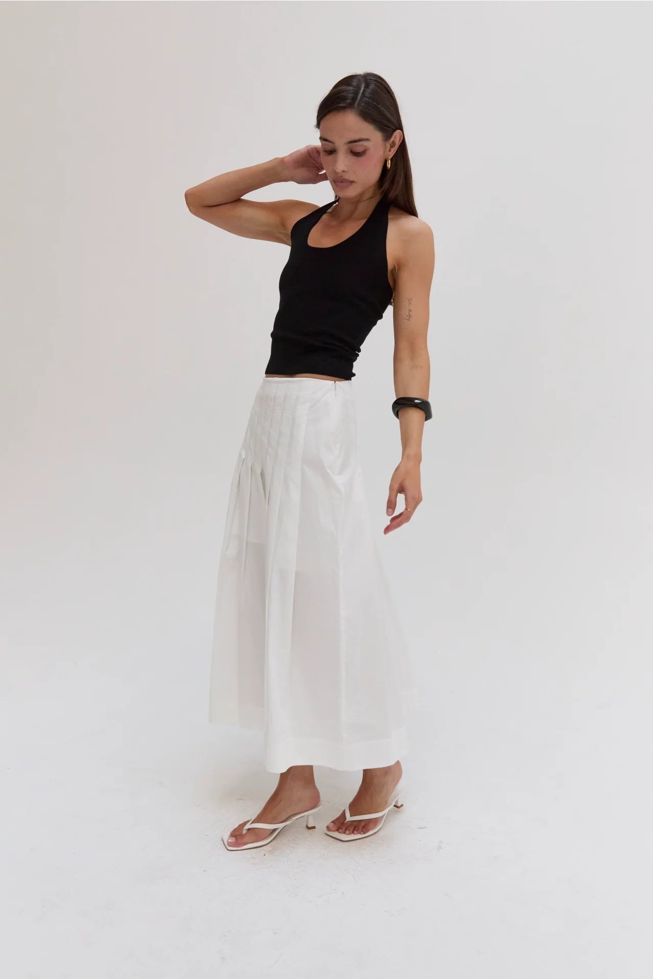 Remi Poplin Box Pleated Midi Skirt - White