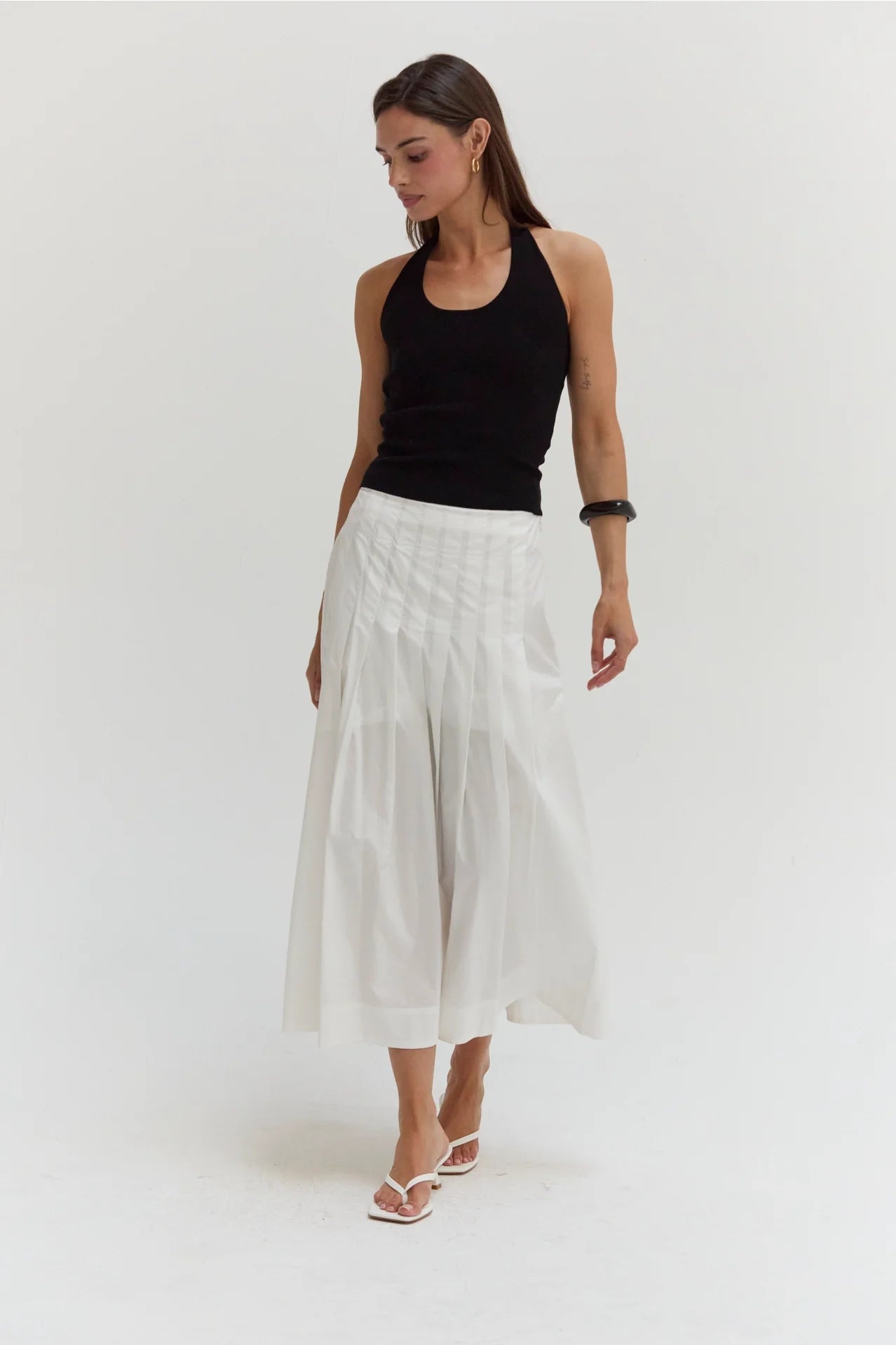 Remi Poplin Box Pleated Midi Skirt White