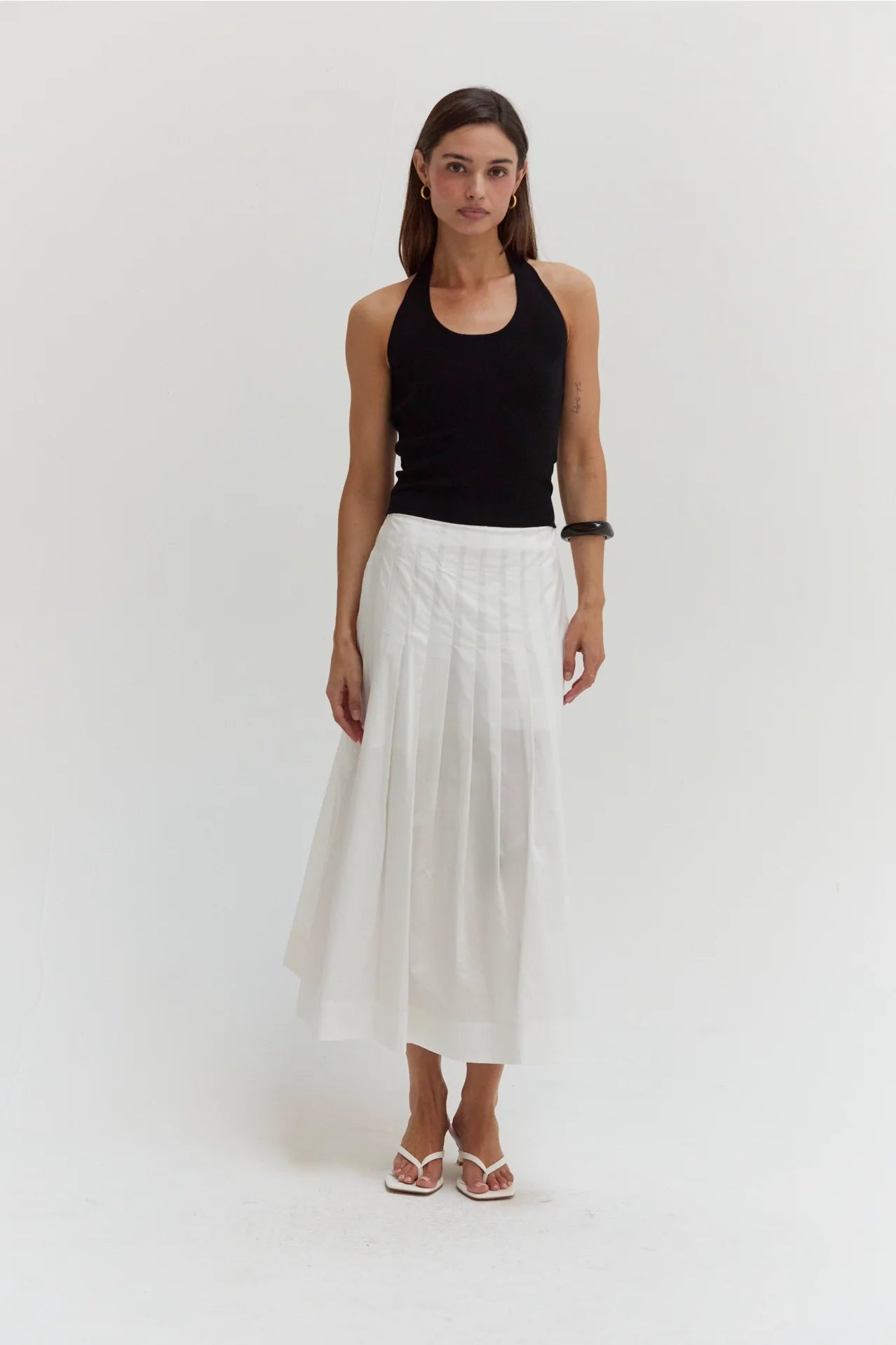 Remi Poplin Box Pleated Midi Skirt - White