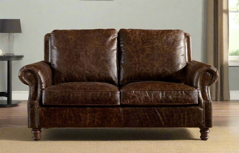 English Rolled Arm Love Seat - Dark Brown Leather