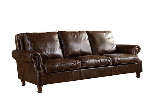 English Rolled Arm Sofa - Dark Brown Leather