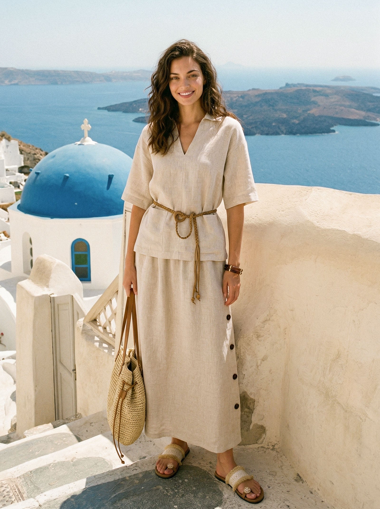100% Linen Button-Trim Slit Skirt ASTRA