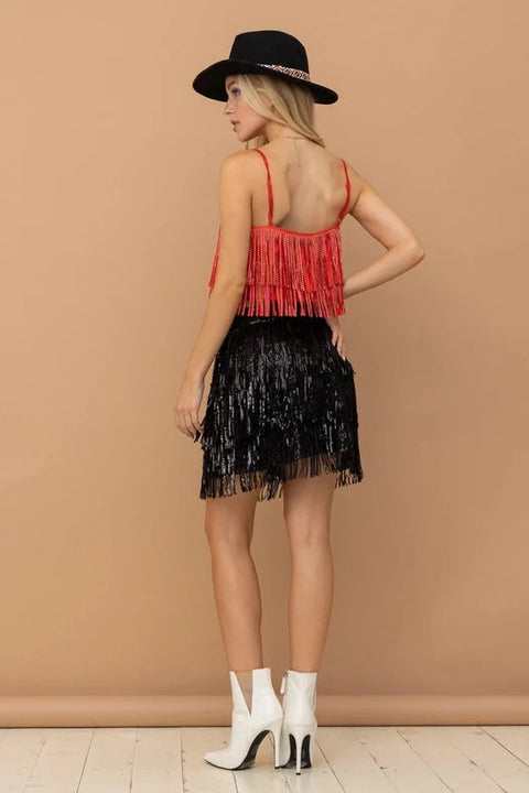 Satin Base Studded Tiered Fringe Cami Top Red