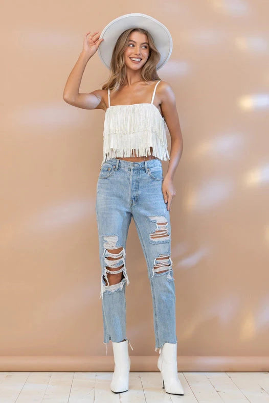 Satin Base Studded Tiered Fringe Cami Top White