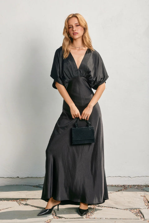 Blouson Satin Maxi Dress in Black – Elegant Women’s Evening Dress