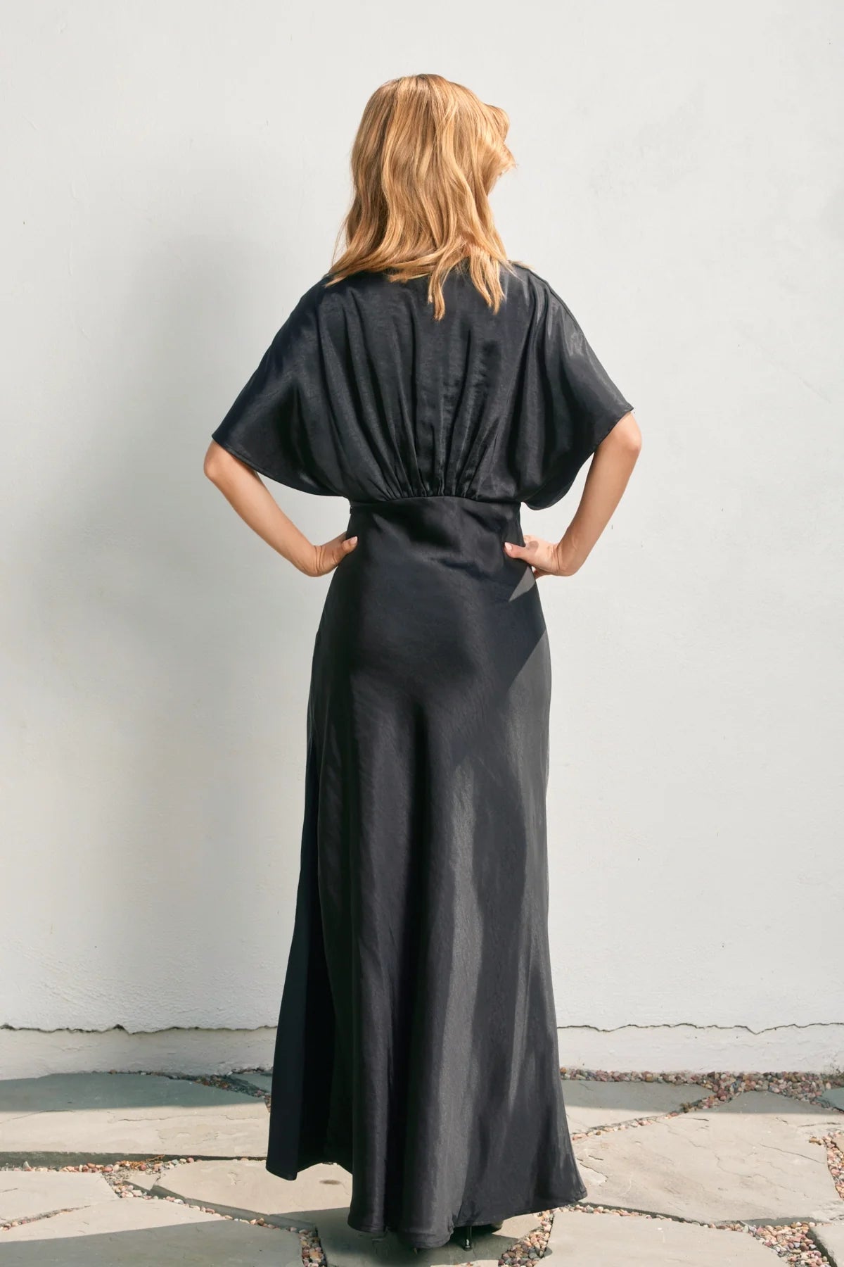 Satin Blouson Maxi Dress - Black