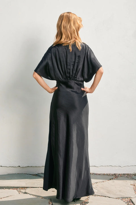 Blouson Satin Maxi Dress in Black – Elegant Women’s Evening Dress