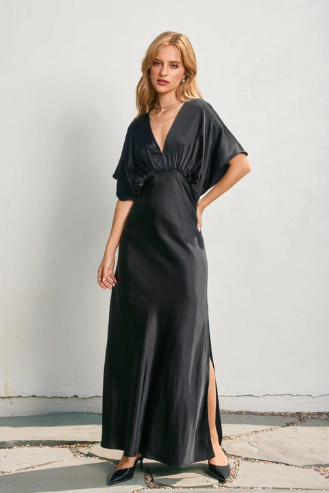 Blouson Satin Maxi Dress in Black – Elegant Women’s Evening Dress