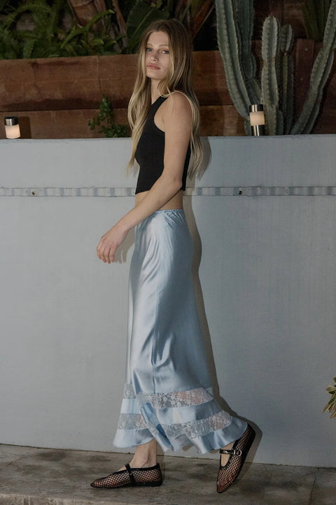 Satin Lace Trim Midi Skirt - Light Blue