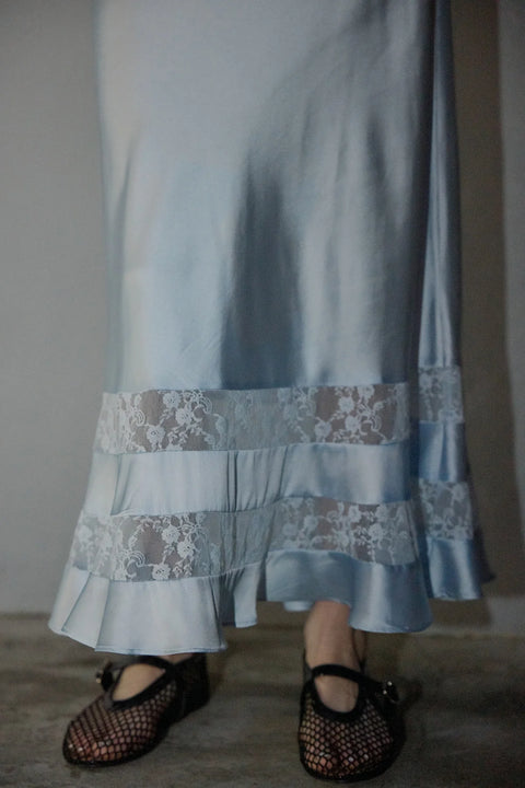 Satin Lace Trim Midi Skirt - Light Blue
