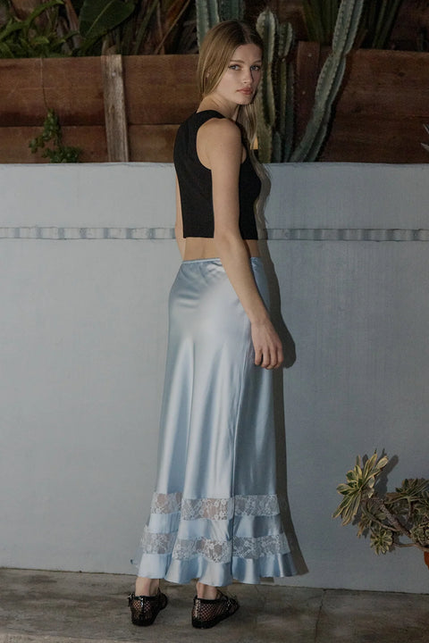 Satin Lace Trim Midi Skirt - Light Blue