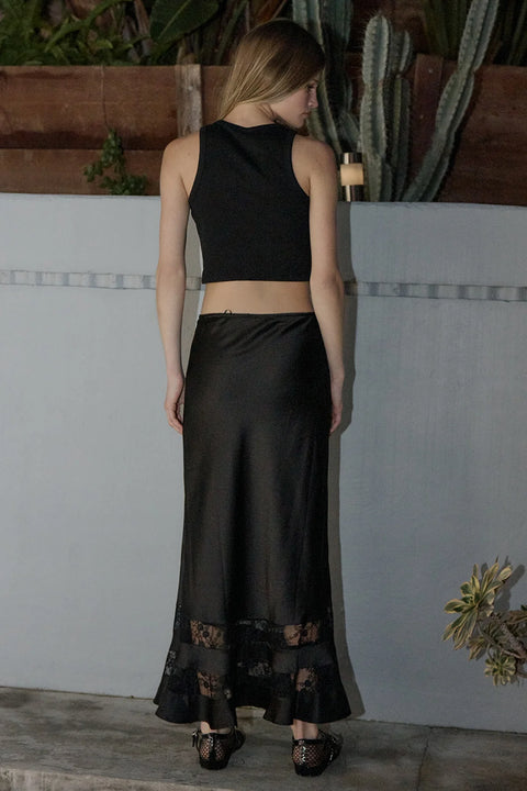 Satin Lace Trim Midi Skirt - Black
