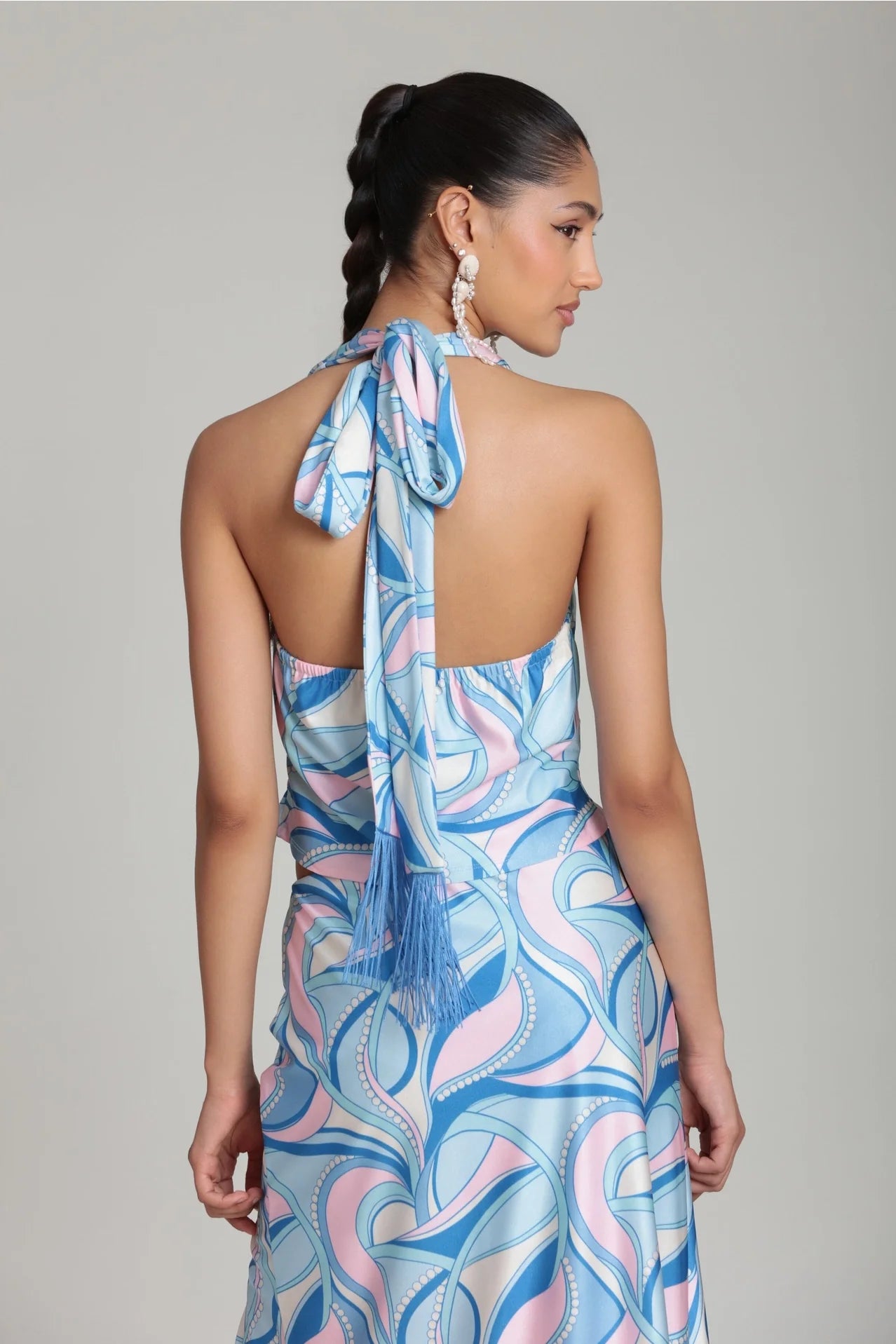 Satin Paisley Scarf Tie Halter Top with Fringe