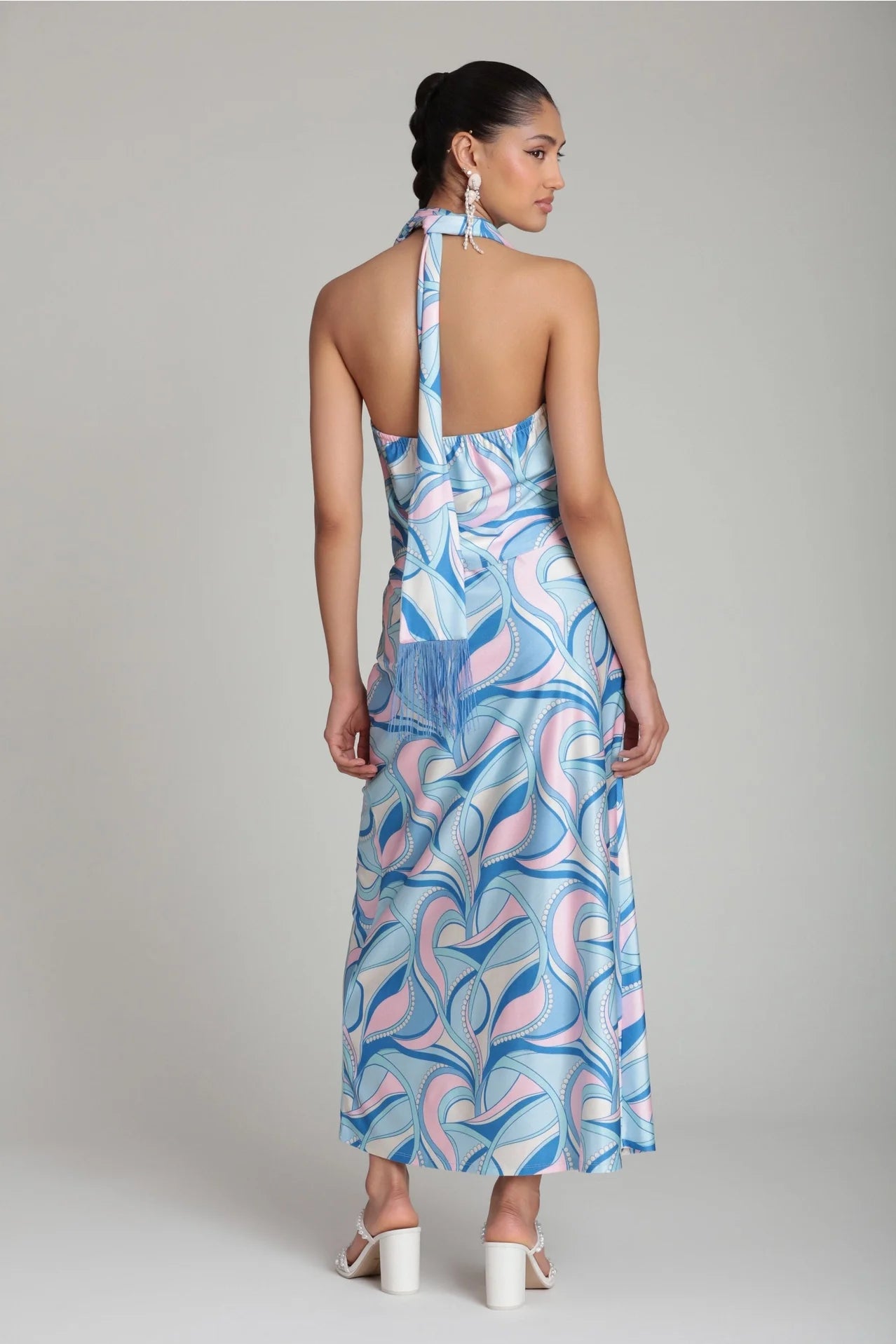 Satin Paisley Scarf Tie Halter Top with Fringe