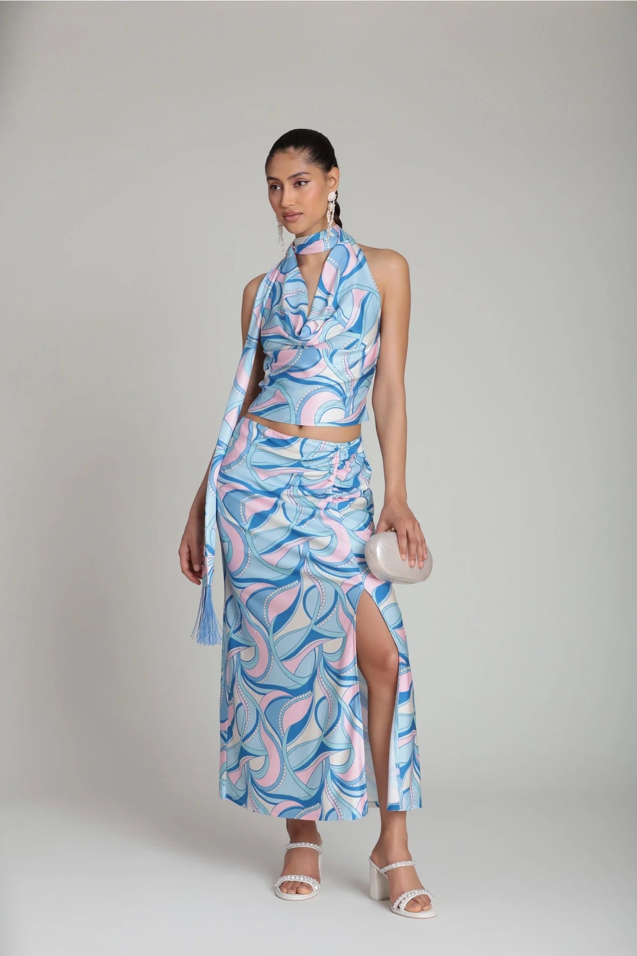 Satin Paisley Scarf Tie Halter Top with Fringe