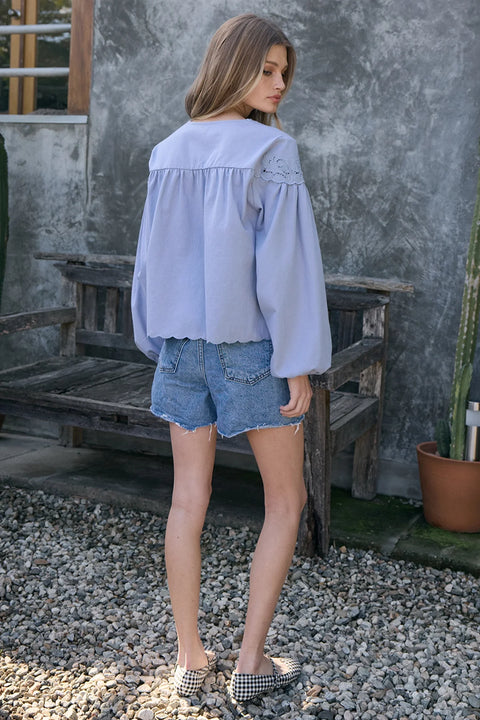 Scalloped Floral Cutout Button Blouse - Blue
