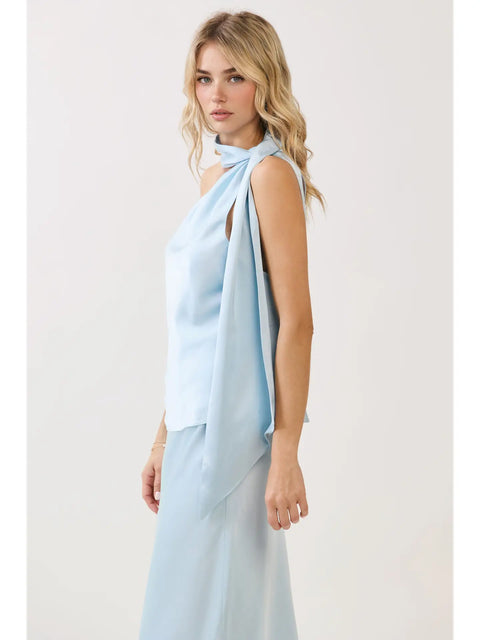 Scarf Neck Accent Open Back Satin Top