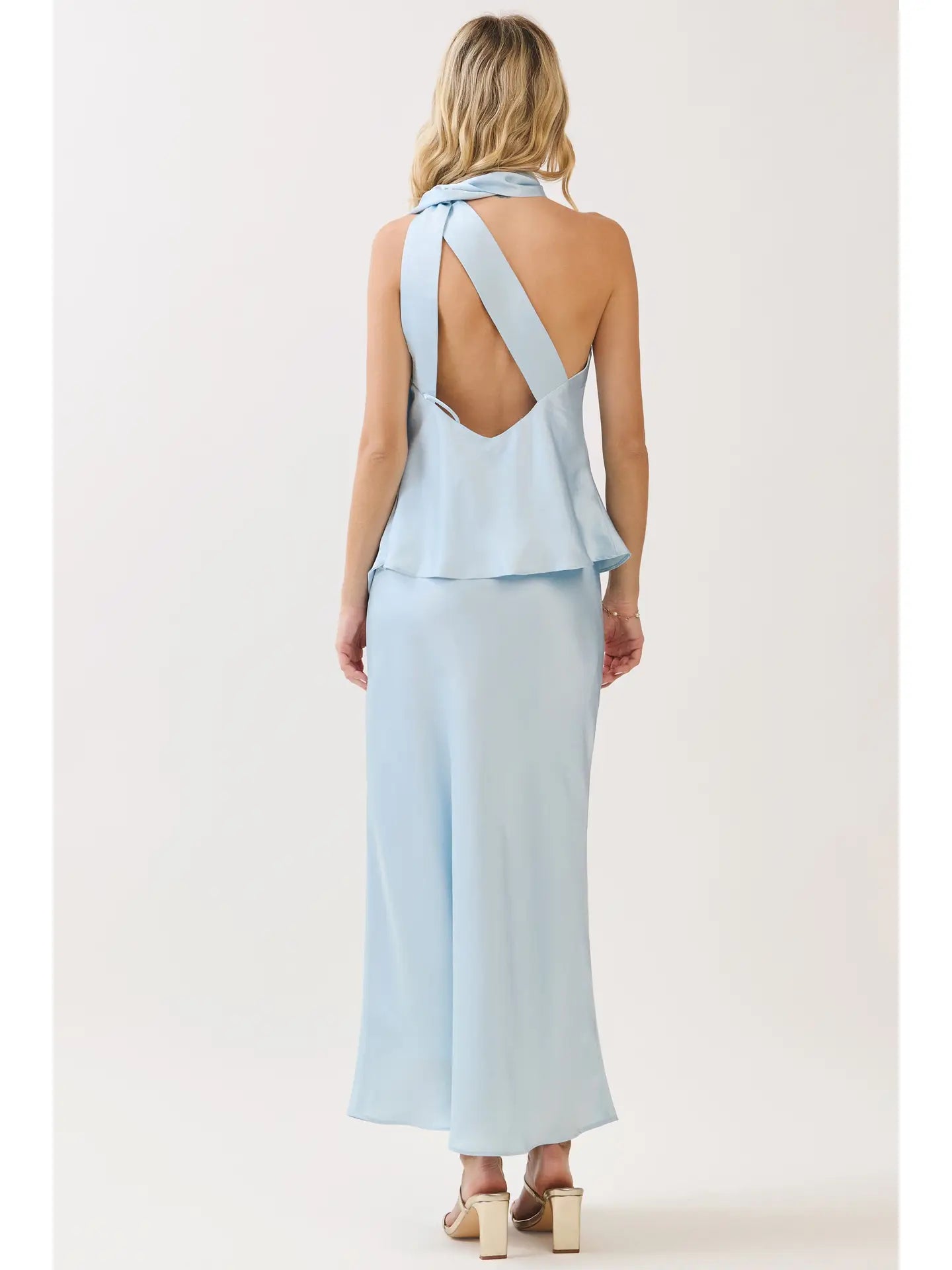 Scarf Neck Accent Open Back Satin Top