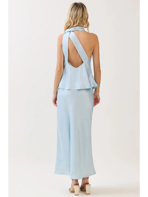Scarf Neck Accent Open Back Satin Top