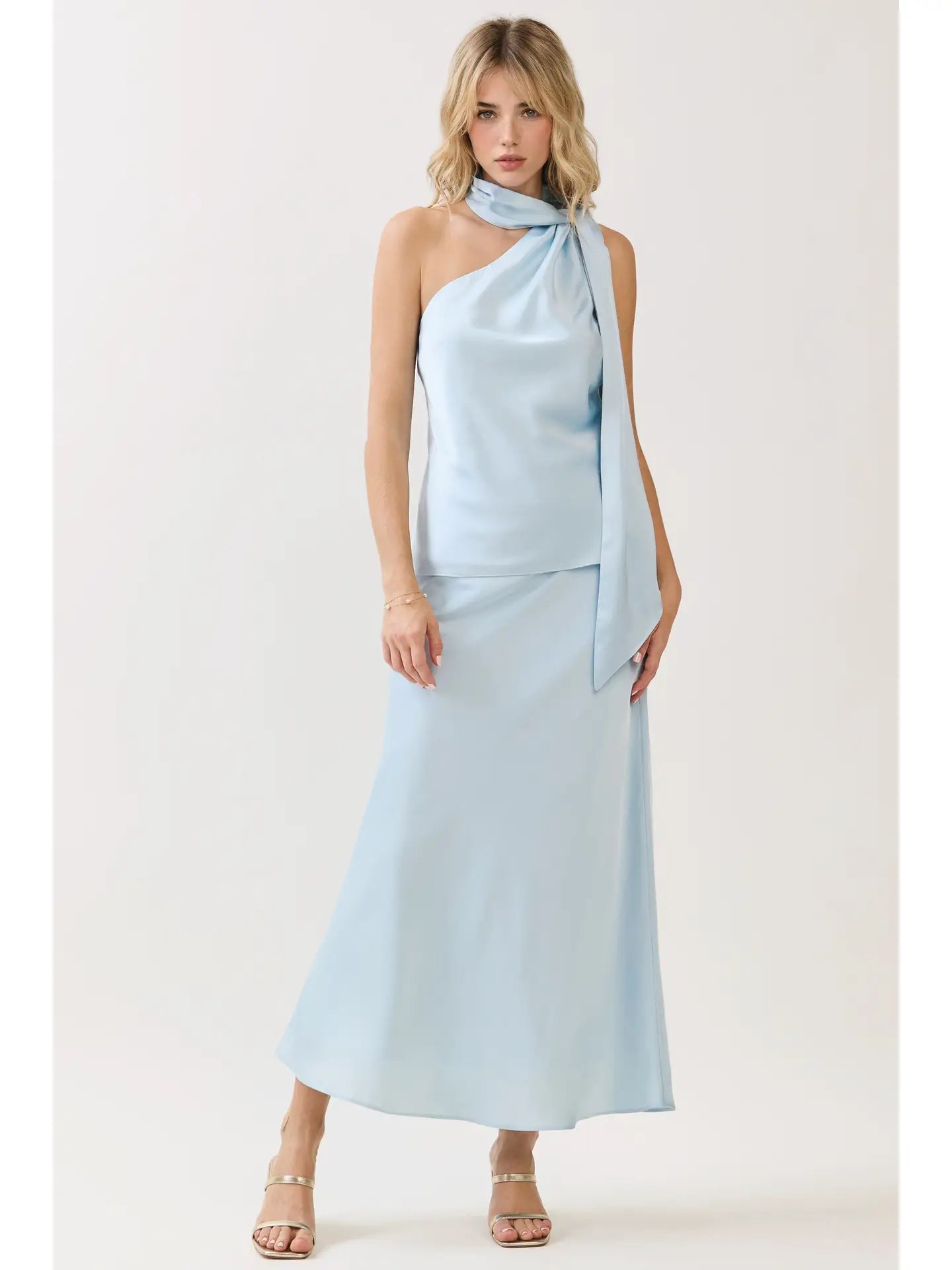 Scarf Neck Accent Open Back Satin Top