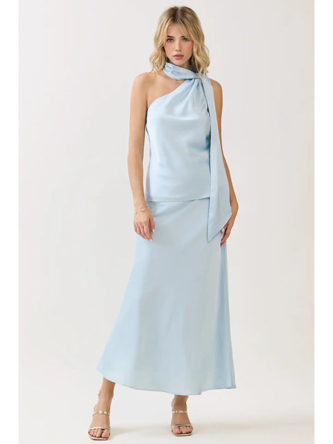 Scarf Neck Accent Open Back Satin Top