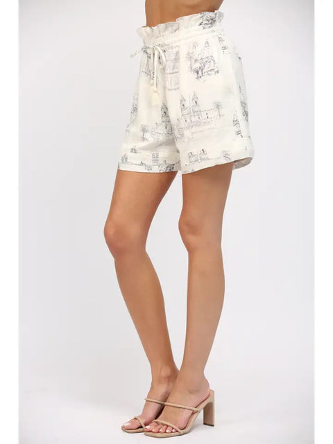 Scenic Print Linen Blend Drawstring Waist Shorts