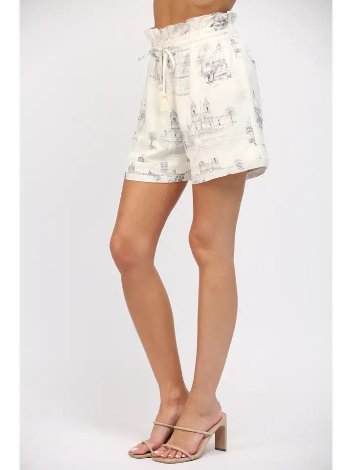 Scenic Print Linen Blend Drawstring Waist Shorts