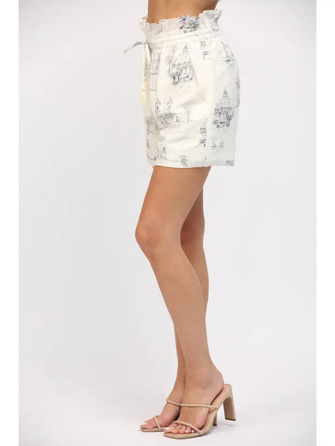 Scenic Print Linen Blend Drawstring Waist Shorts