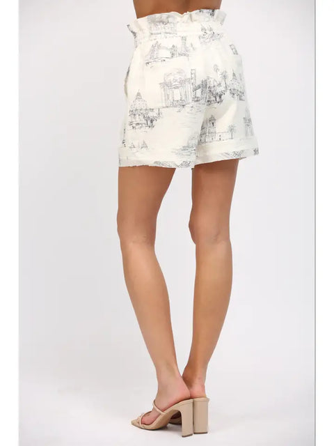 Scenic Print Linen Blend Drawstring Waist Shorts