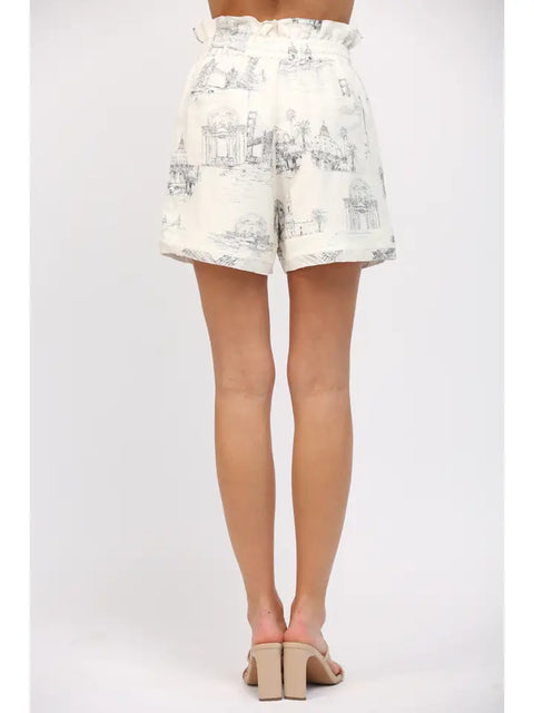 Scenic Print Linen Blend Drawstring Waist Shorts