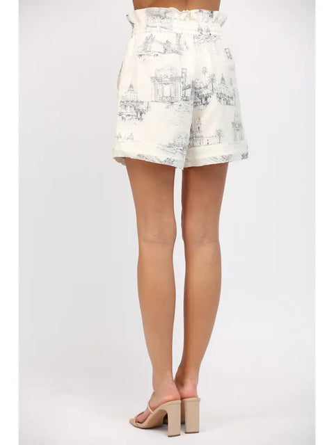 Scenic Print Linen Blend Drawstring Waist Shorts