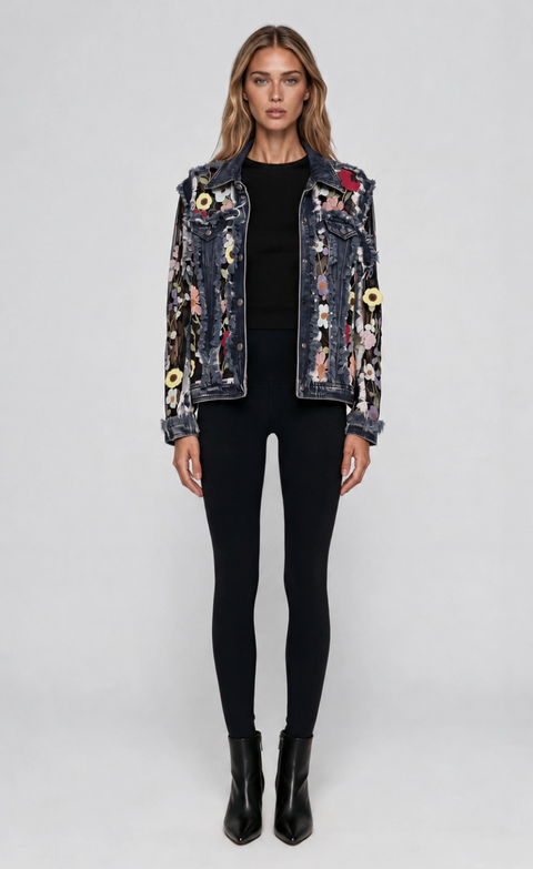 Floral Embroidered Mesh & Frayed Denim Jacket
