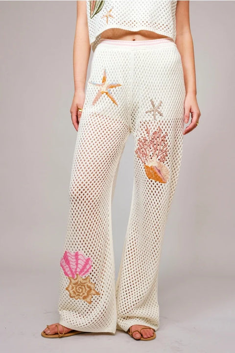 Seashell Embroidered Elastic Waist Pants