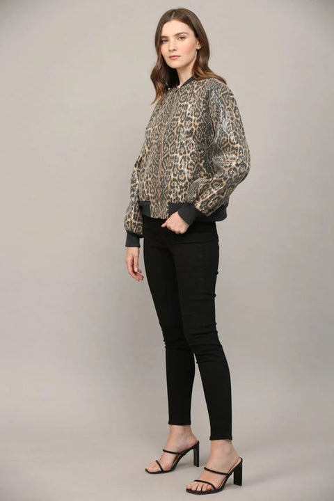 Sequin Embellished Animal Print Bomber Jacket
