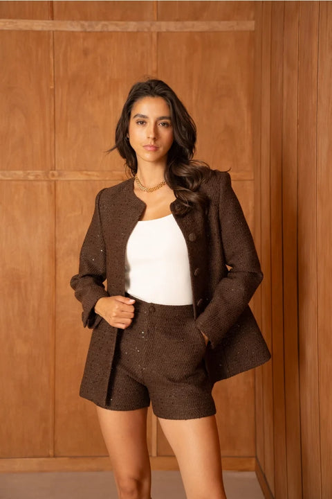 Sequined Tweed Jacket with A Round Neckline Made of Wool