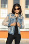 Sheer Floral Lace Sleeve Distressed Denim Jacket