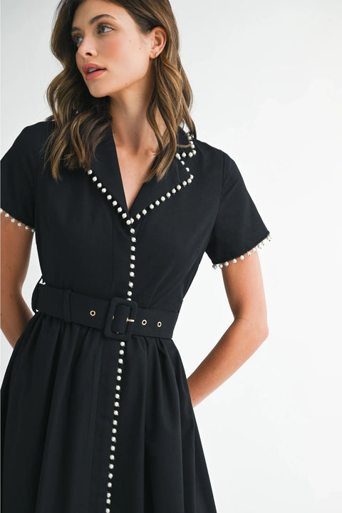 Pearl Detail Short Sleeve Collared Midi Dress Black