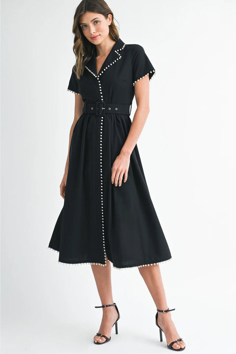 Pearl Detail Short Sleeve Collared Midi Dress Black