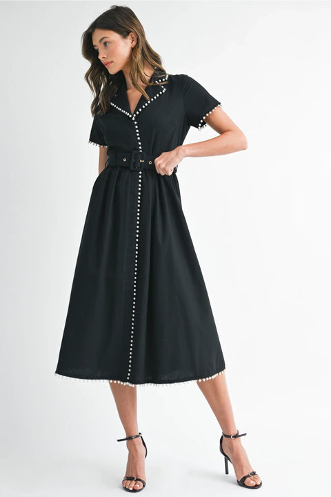 Pearl Detail Short Sleeve Collared Midi Dress Black
