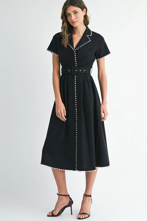 Pearl Detail Short Sleeve Collared Midi Dress Black