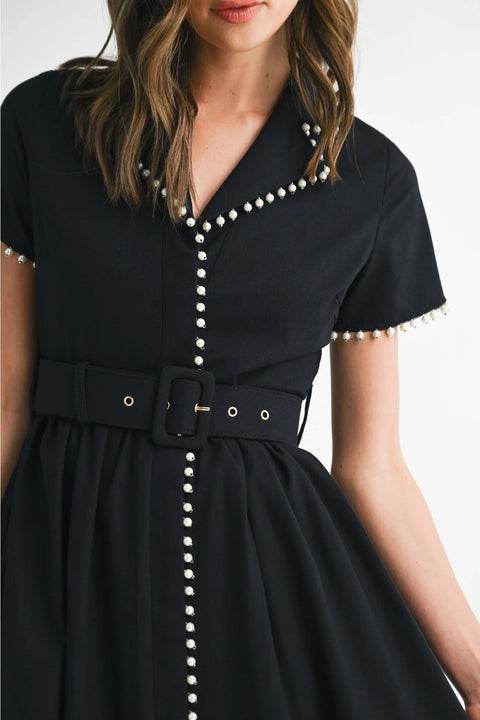 Pearl Detail Short Sleeve Collared Midi Dress Black