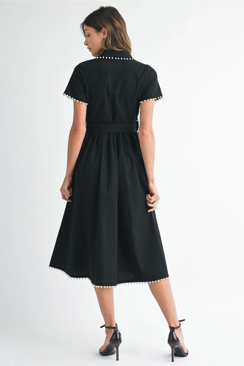 Pearl Detail Short Sleeve Collared Midi Dress Black