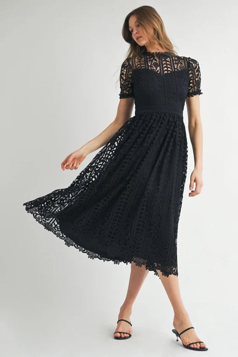 Short Sleeve Lace Midi Dress Black