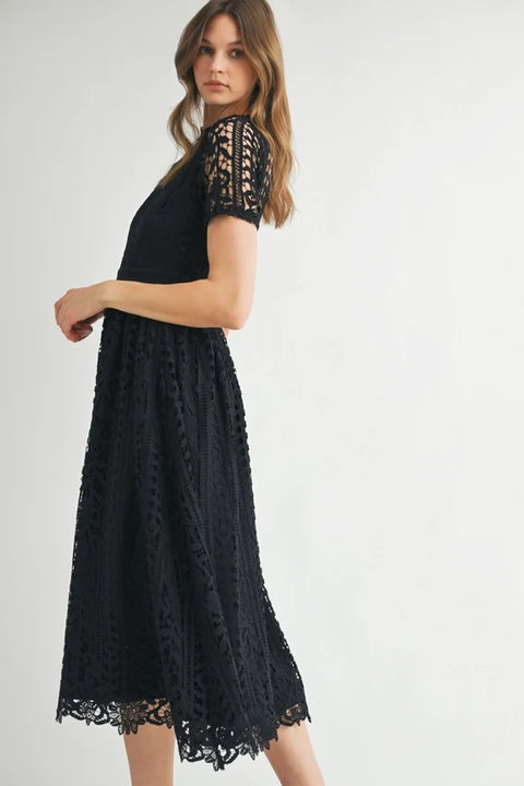 Short Sleeve Lace Midi Dress Black